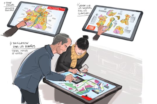 illustration de deux personnes naviguant sur la carte interactive